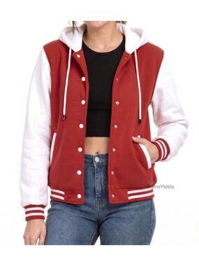 Womens Hooded Varsity Letterman Bomber Jacket Fleece Polyester Lined